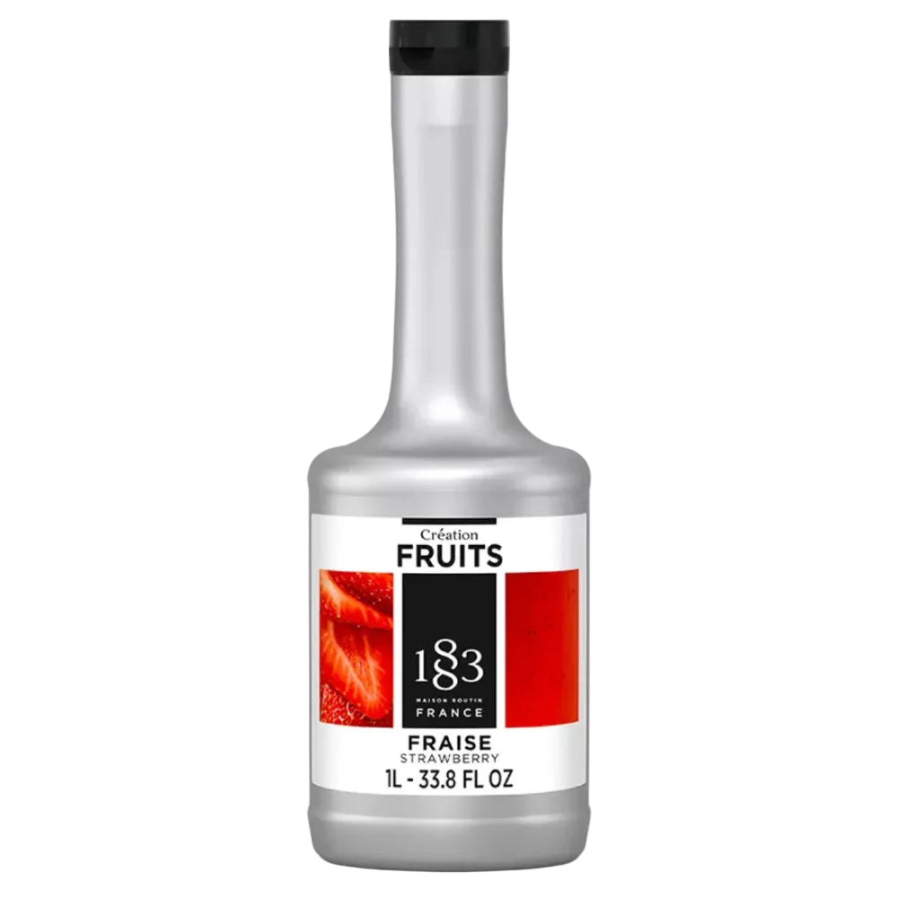 Bottle of 1883 Fruits strawberry syrup on a white background