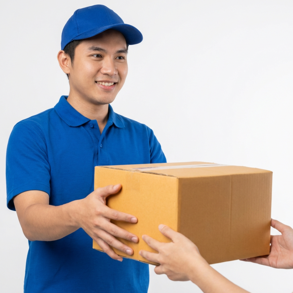 Person in blue uniform handing over a cardboard box to another person against a white background