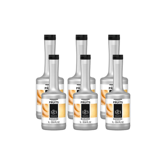 1883 Maison Routin Banana Fruit Purée case of six 1 litre bottles on a light background
