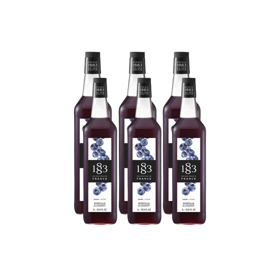 1883 Maison Routin Blueberry Syrup case of six 1 litre bottles on a light background