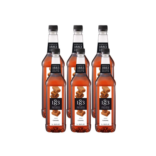 1883 Maison Routin Caramel Syrup case of six 1 litre bottles on a light background