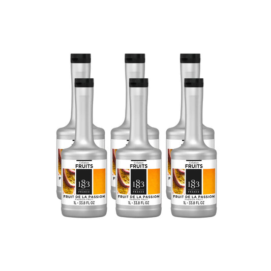 1883 Maison Routin Passion Fruit Purée case of six 1 litre bottles on a light background