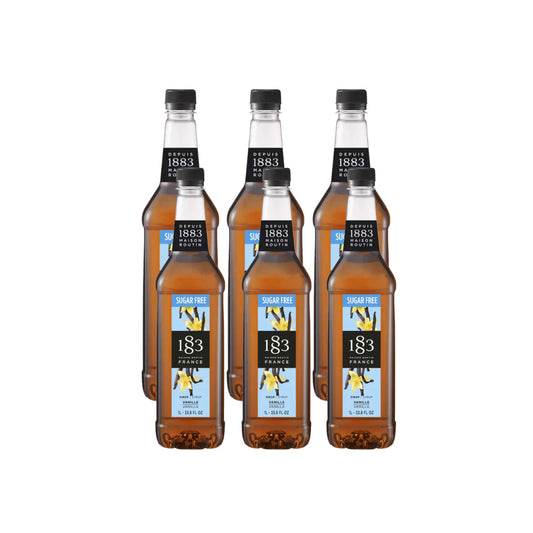 1883 Maison Routin Sugar Free Vanilla Syrup case of six 1 litre bottles on a light background