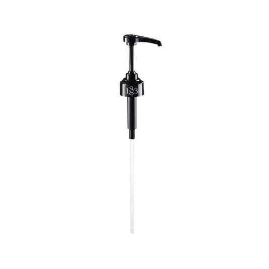 A black pump dispenser with a clear plastic tube extending downward, shown against a plain white background.