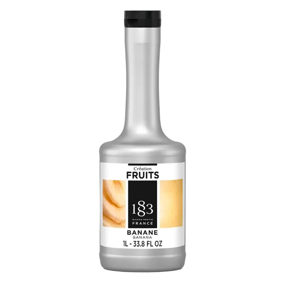 Bottle of 1883 Creations Fruits Banana flavor syrup on a white background