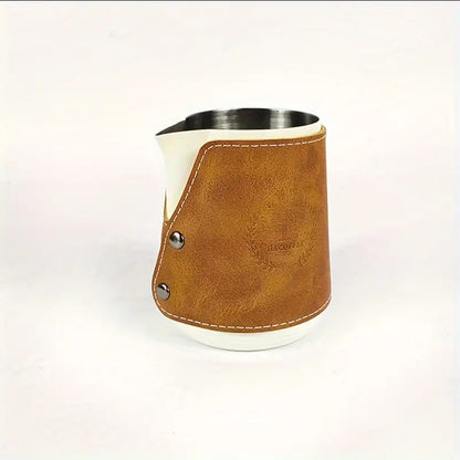 Premium Stainless Steel Coffee Art Pitcher with Leather Accent