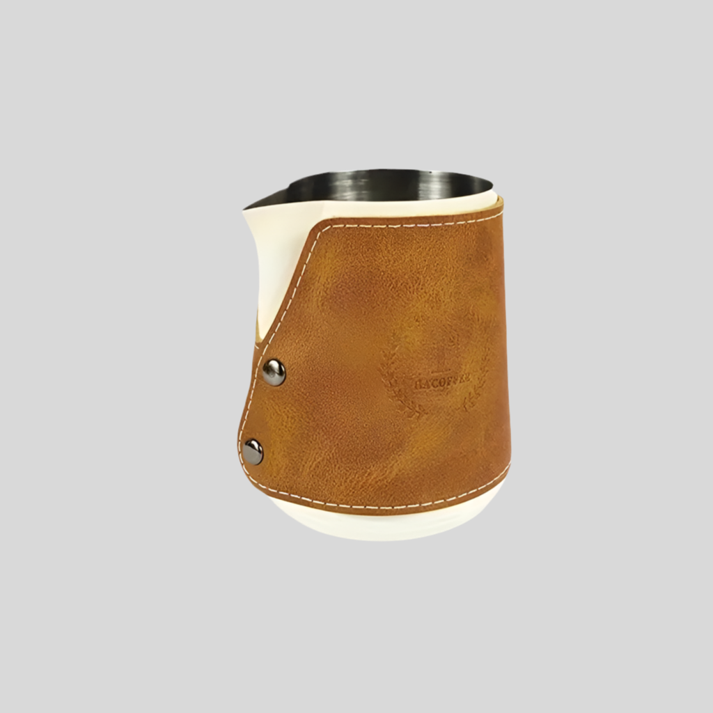 Premium Stainless Steel Coffee Art Pitcher with Leather Accent