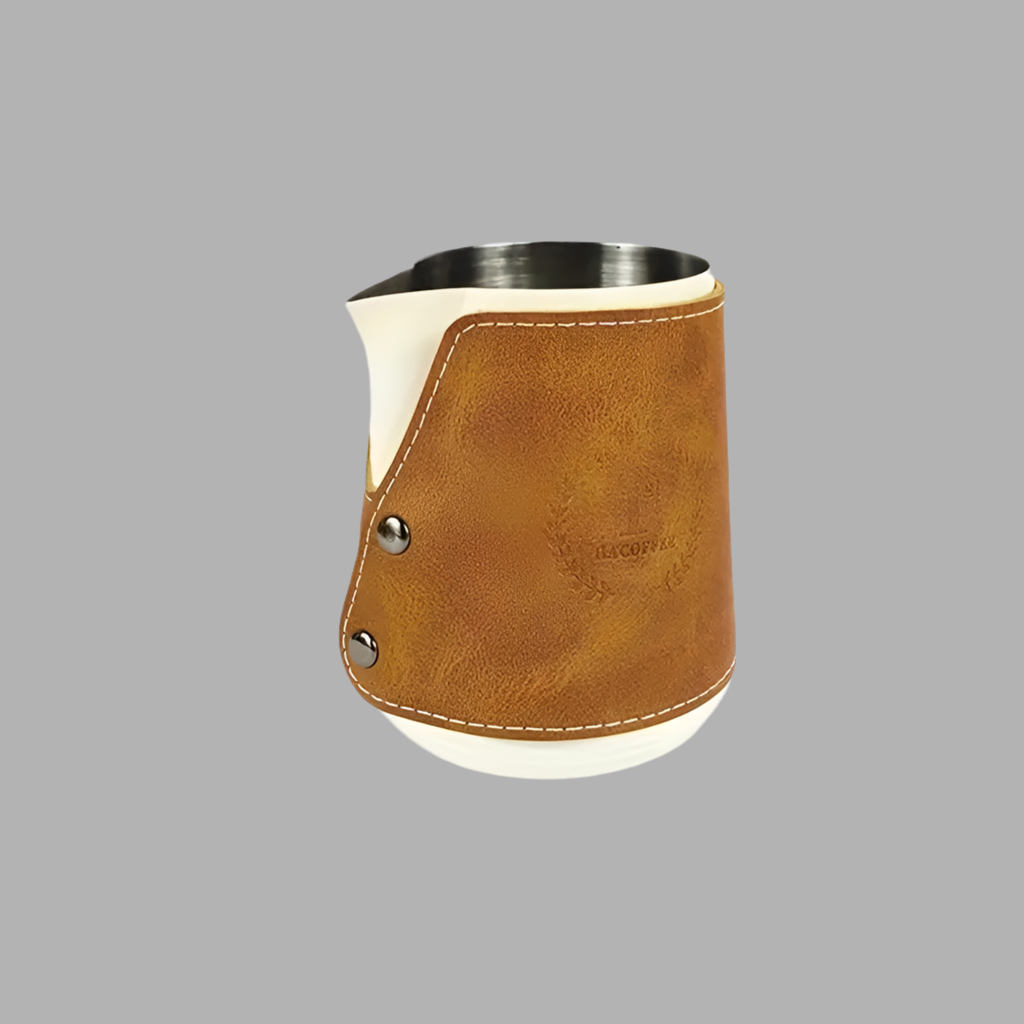 Premium Stainless Steel Coffee Art Pitcher with Leather Accent