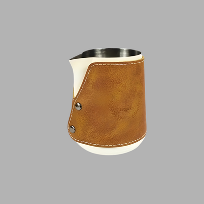 Premium Stainless Steel Coffee Art Pitcher with Leather Accent