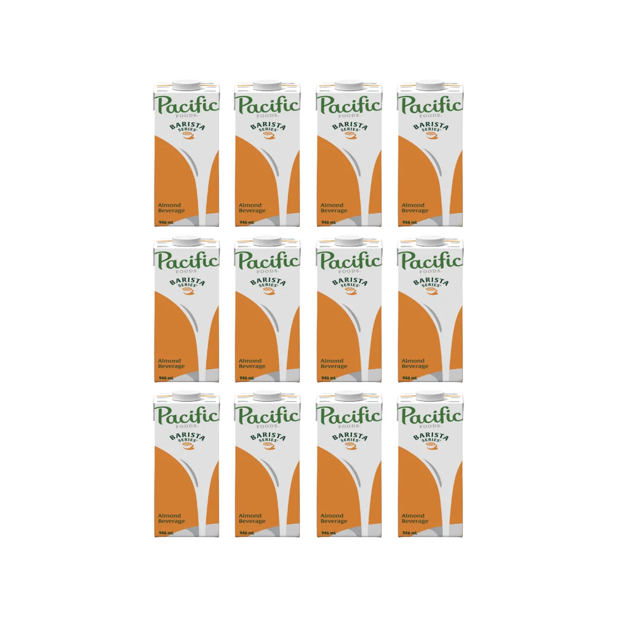 Twelve cartons of Pacific Brand Flavored Almond Milk arranged in a 3x4 grid on a plain white background.