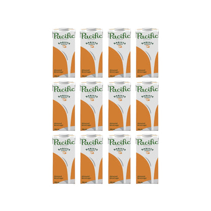 Twelve cartons of Pacific Brand Flavored Almond Milk arranged in a 3x4 grid on a plain white background.