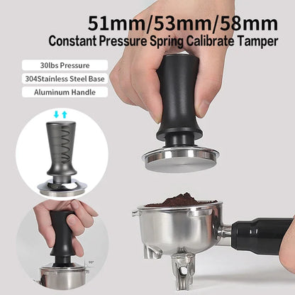 Espresso Tamper 51mm, 53mm, 58mm – Spring Loaded Stainless Steel Flat Base Barista Tool