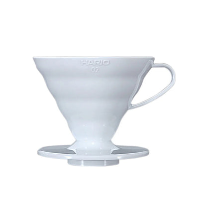 White coffee dripper with Hario branding on a white background