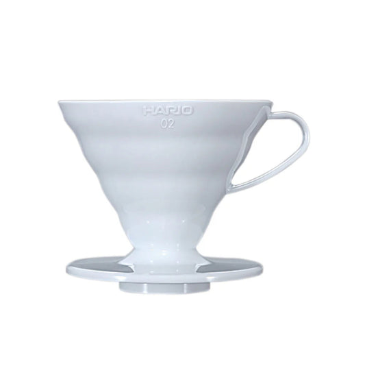 White coffee dripper with Hario branding on a white background