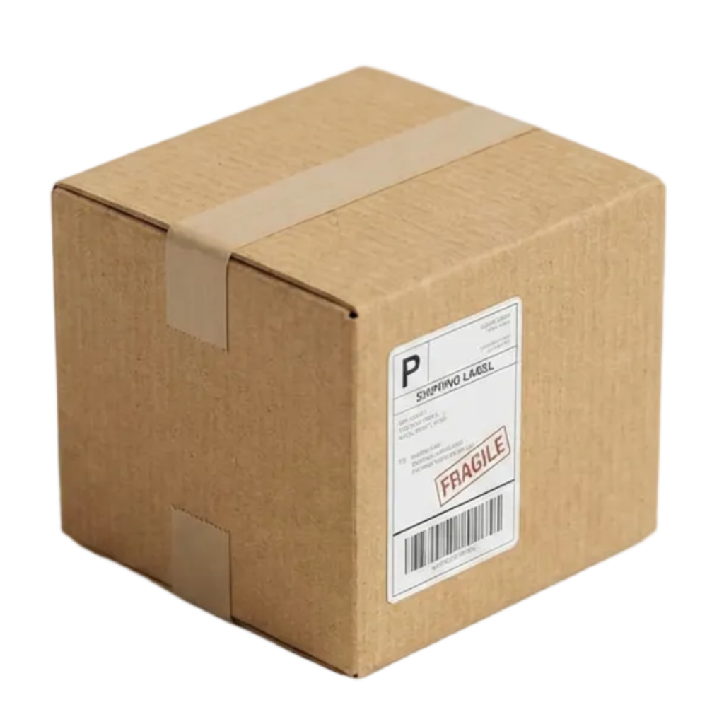 Brown cardboard box with a fragile label on a white background
