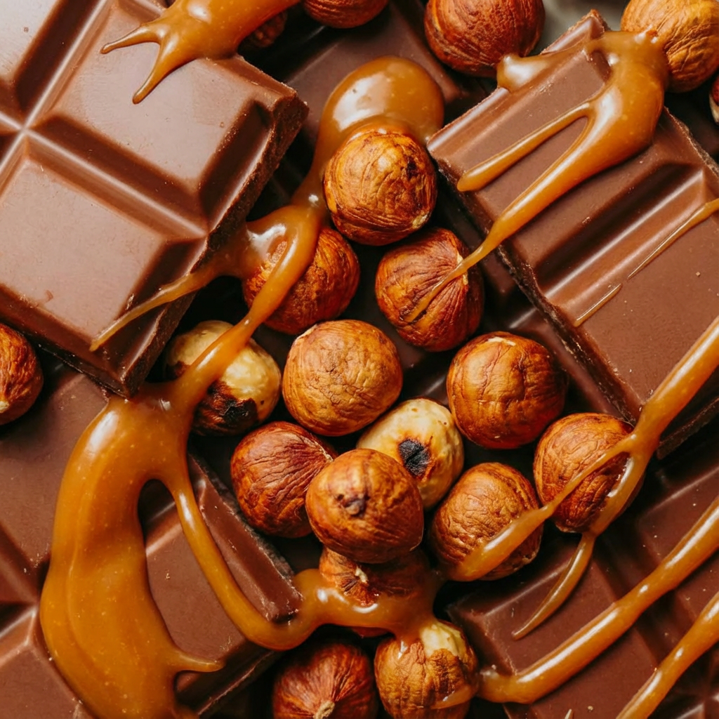 Chocolate bars, caramel, and hazelnuts on a dark background